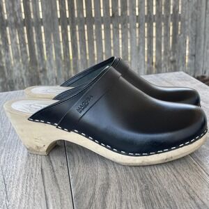 Maguba Sweden Clogs Women 9.5 EU‎ 40 Black Leather Wooden Heel Platform Slip On